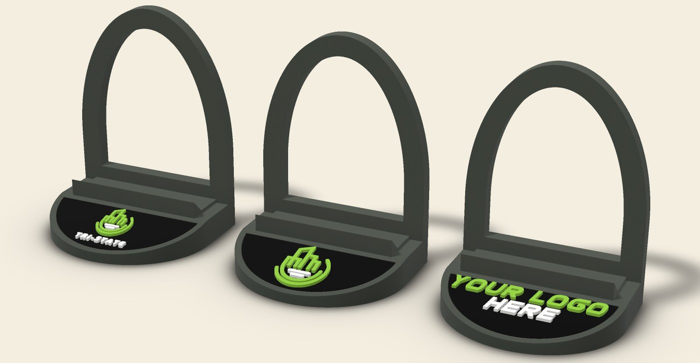 Three charcoal single-slot card stands with custom branded faceplates