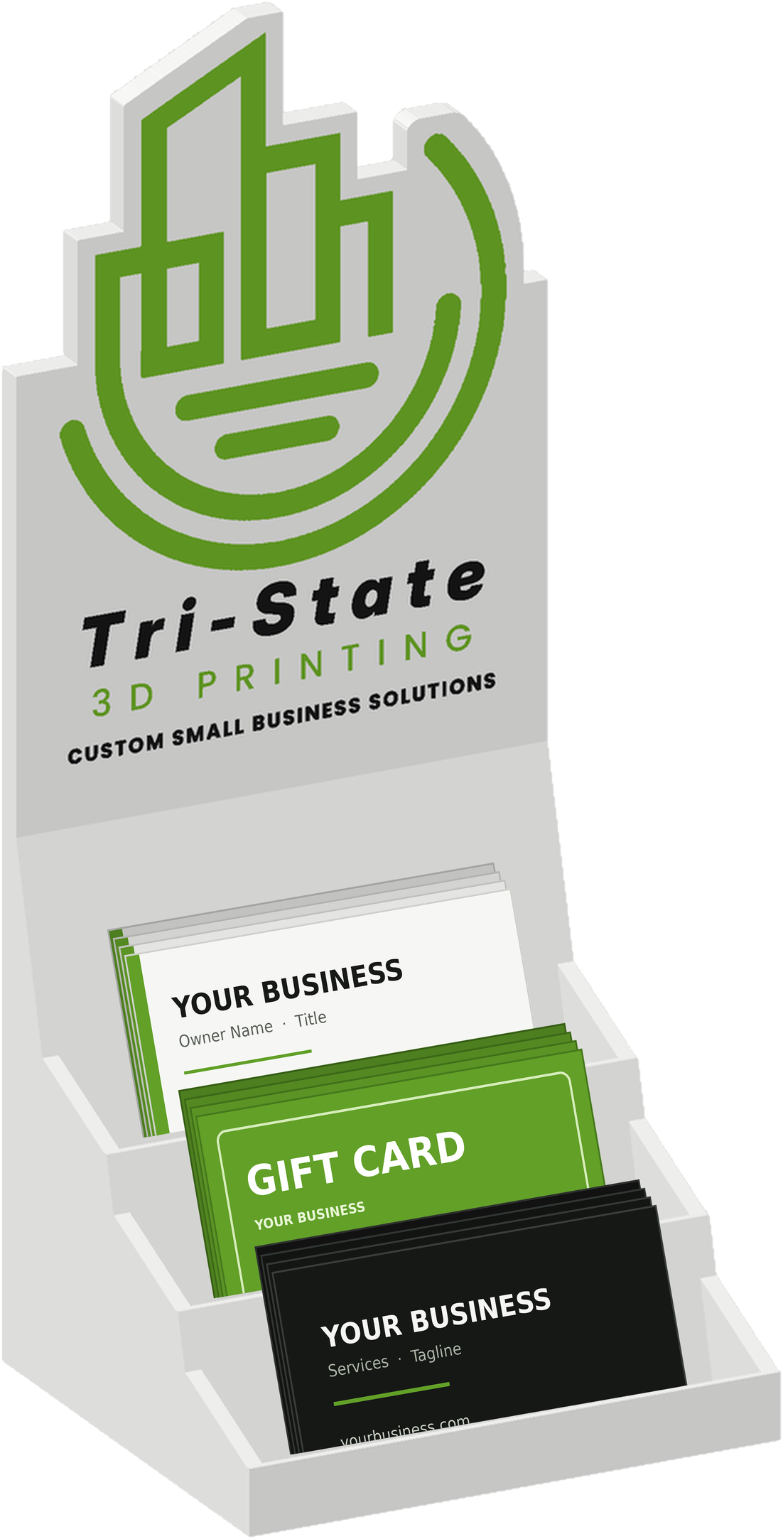 Custom three-tier business card and gift card holder with the Tri-State 3D Printing logo, holding sample business cards and gift cards