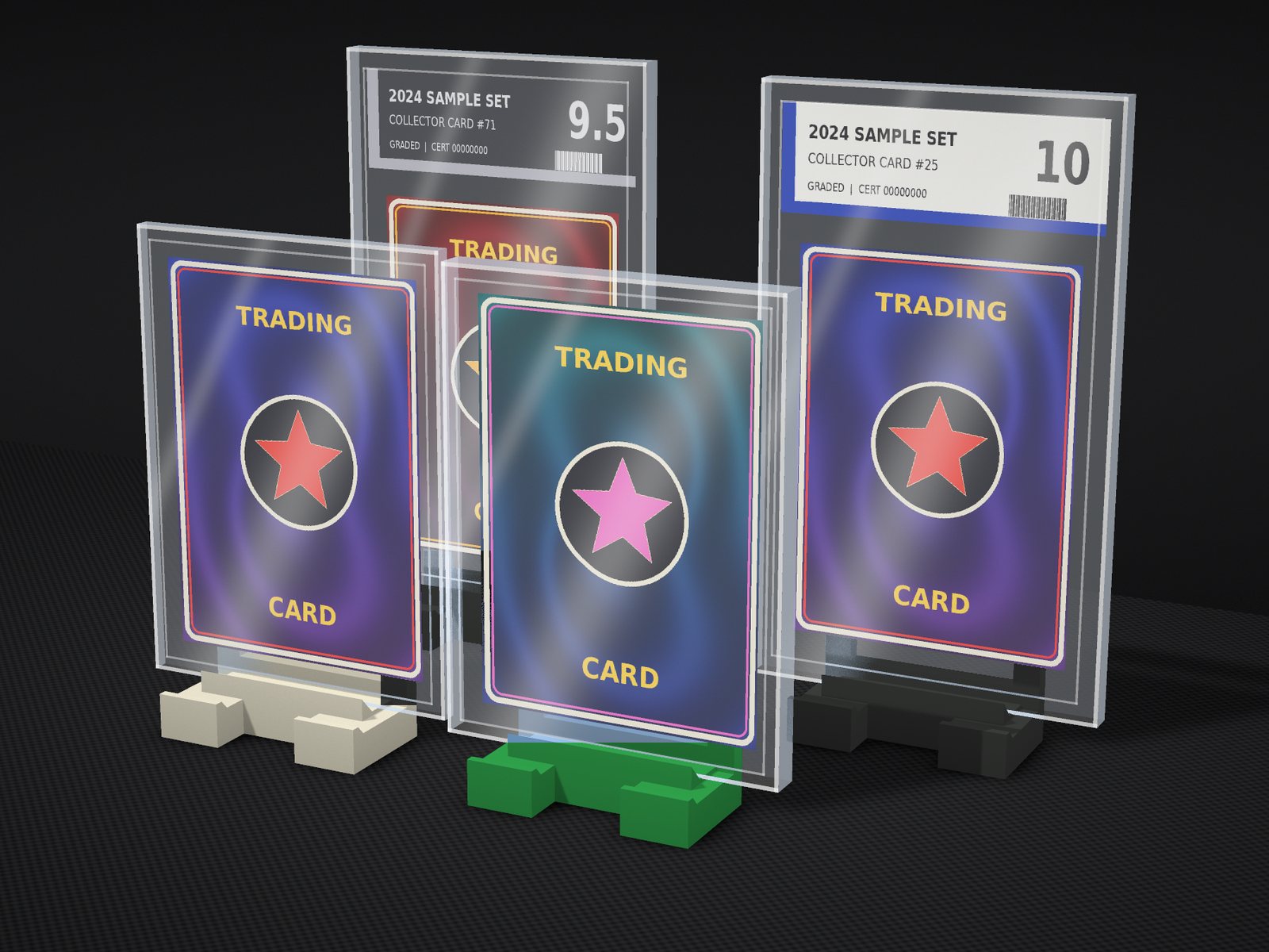 Universal two-slot card stands in ivory white, green and black holding a magnetic holder, a toploader and two graded slabs