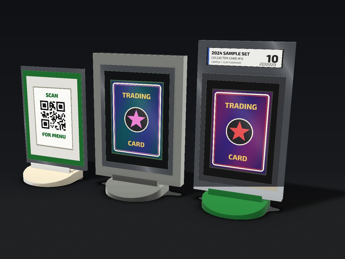 Single-slot stands: an ivory stand holding a QR code sign, a grey stand holding a magnetic card holder and a green stand holding a graded slab