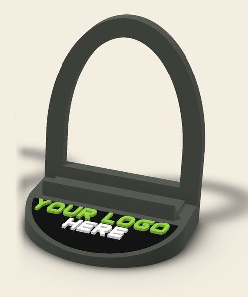 Charcoal single-slot card stand with a custom branded faceplate reading Your Logo Here