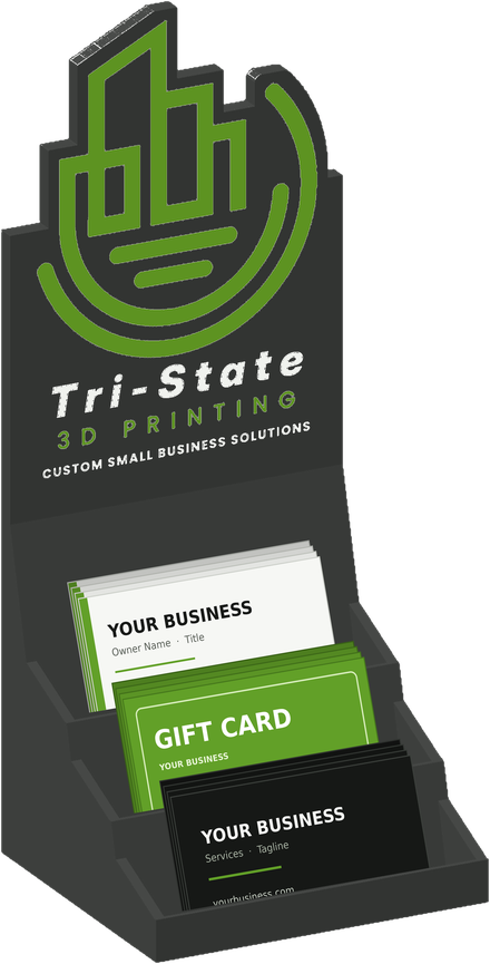 Business card display stand in black with a custom logo back plate