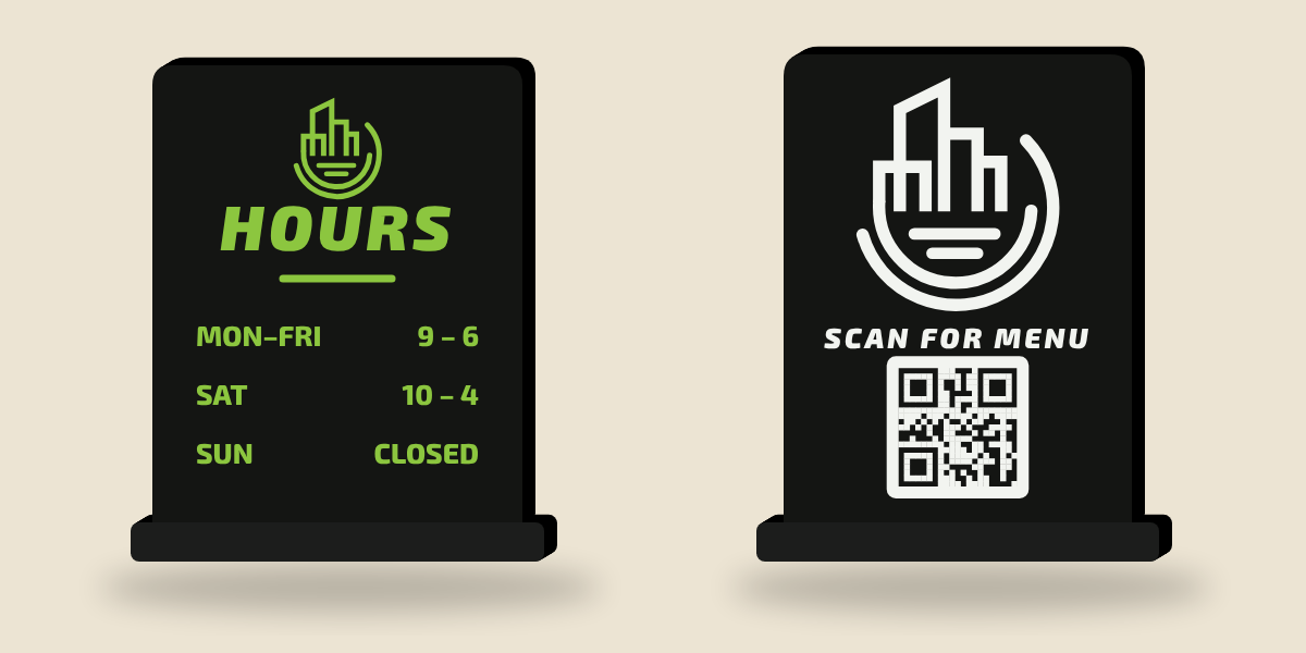 Example business hours sign and black QR code stand with a large logo